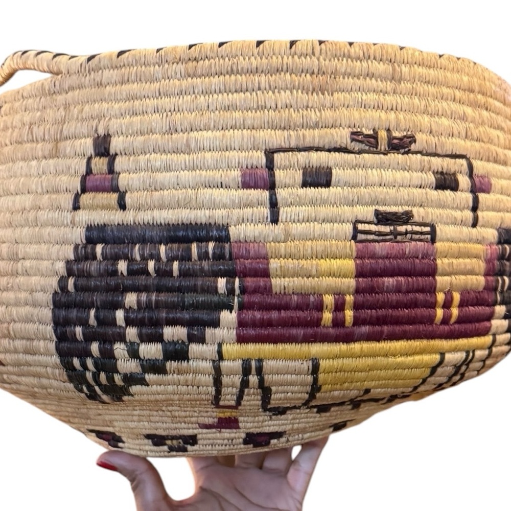Hopi Pueblo Second Mesa Pictorial Deep Basket VTG Katsina face horses - Picture 10 of 15